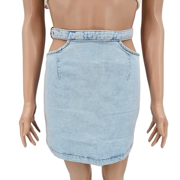 Revolve Weworewhat Womans size L Cut Out Denim Jean Skirt Indigo Light Wash NEW - Picture 1 of 8